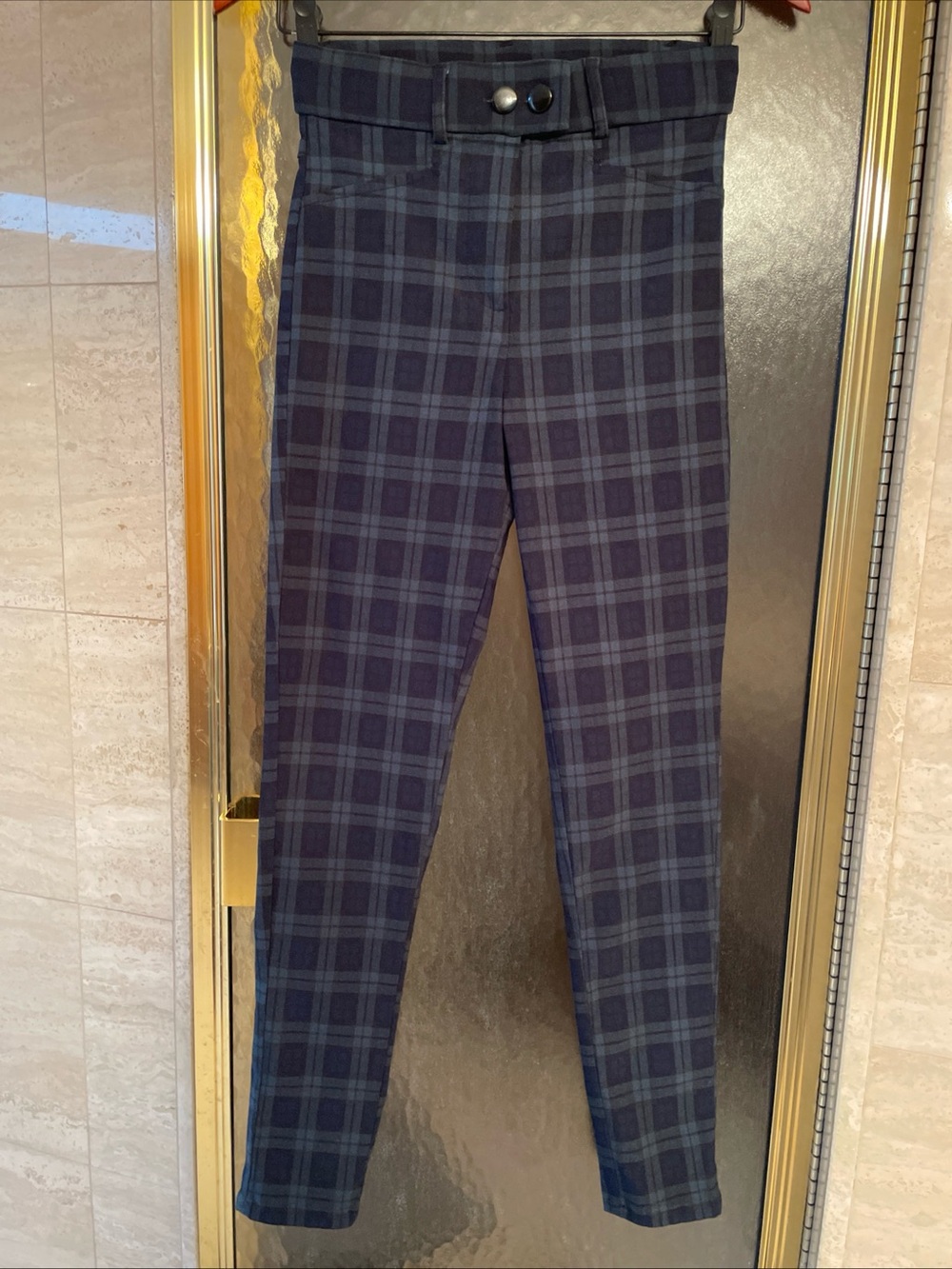 Primark Women's Stretch Dark Green/Navy Blue Plaid Tapered Ankle Pants - Size 6